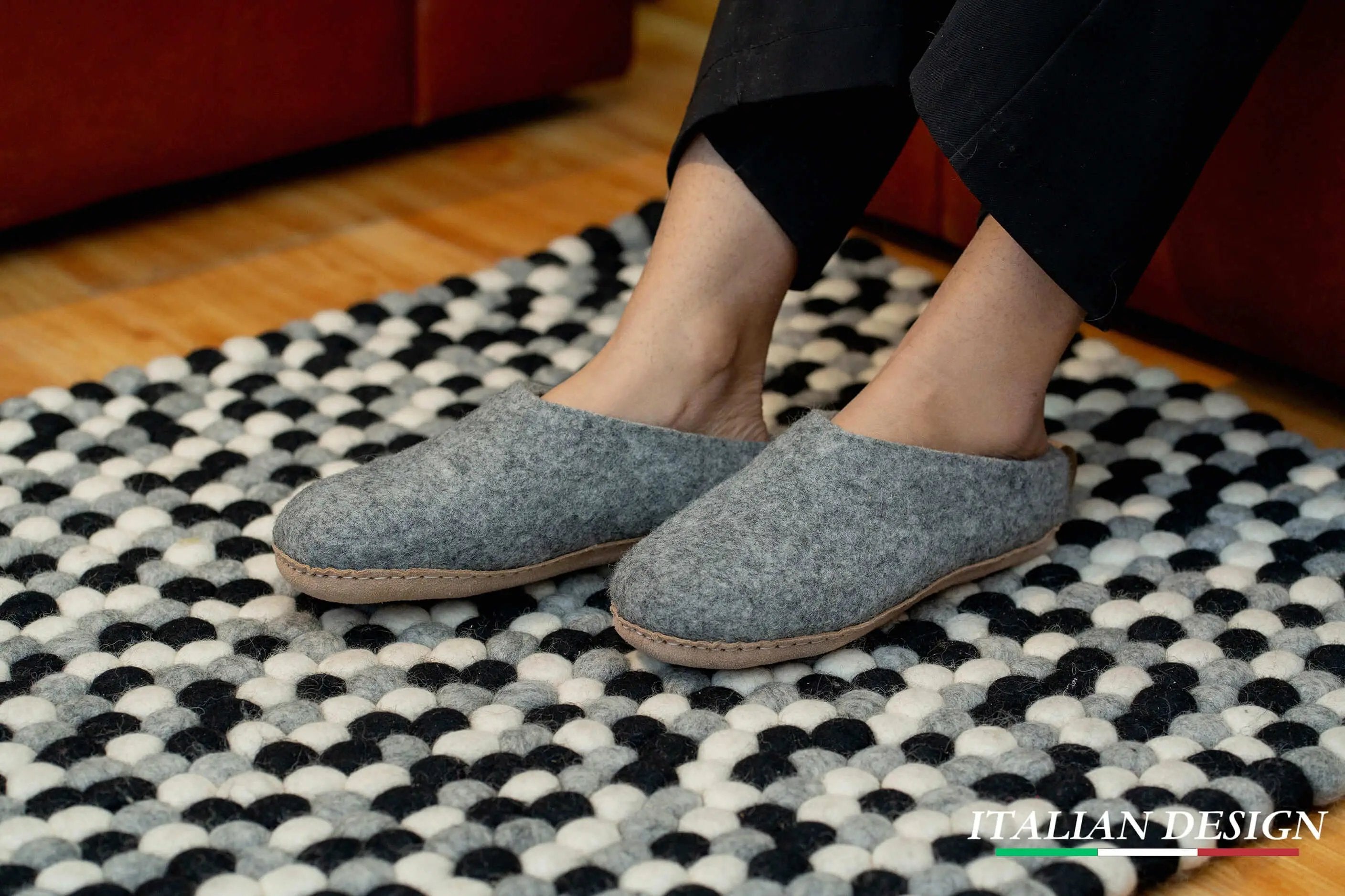 Indoor Open Heel Slippers With Leather Sole - Natural Grey