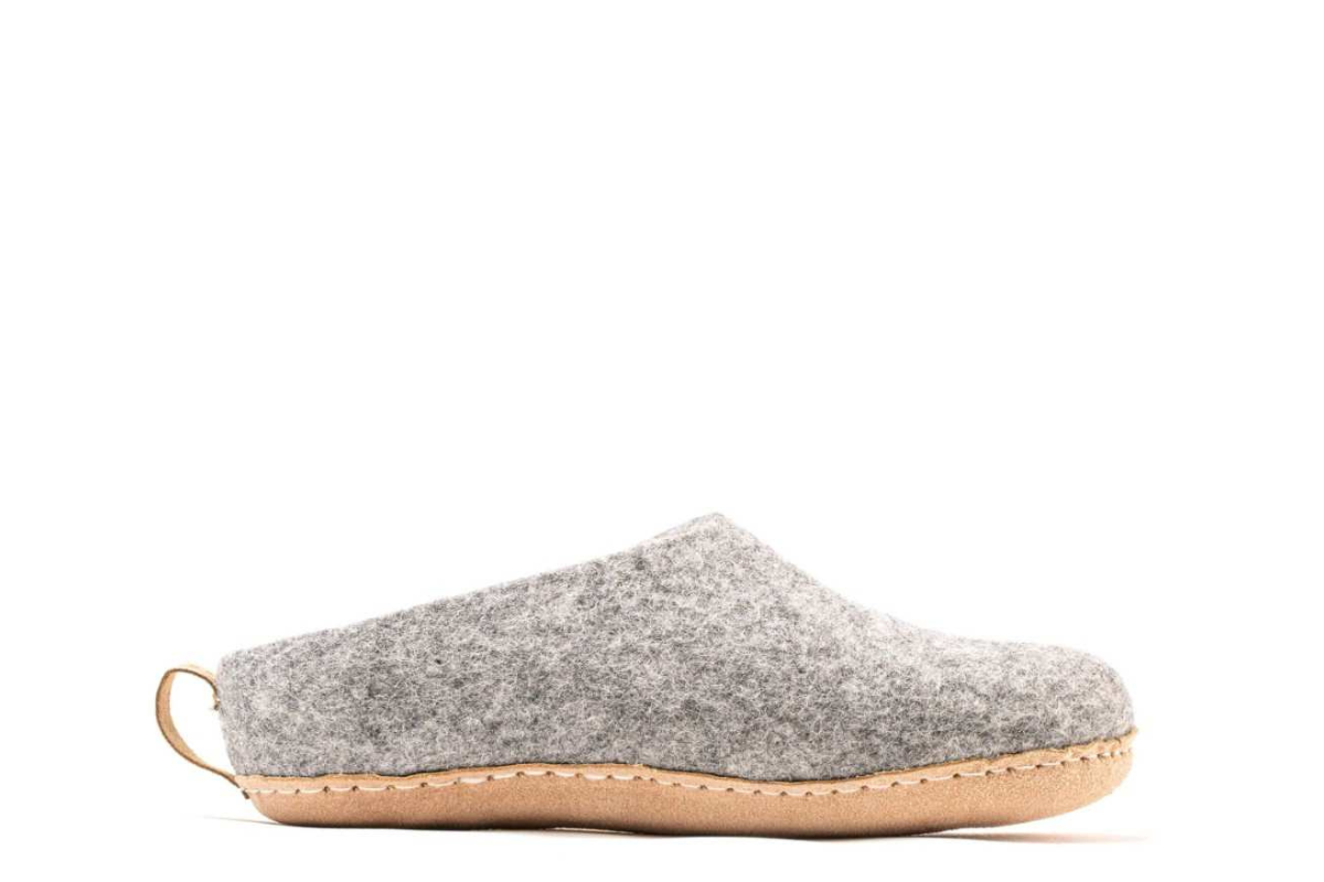 Indoor Open Heel Slippers With Leather Sole - Natural Grey