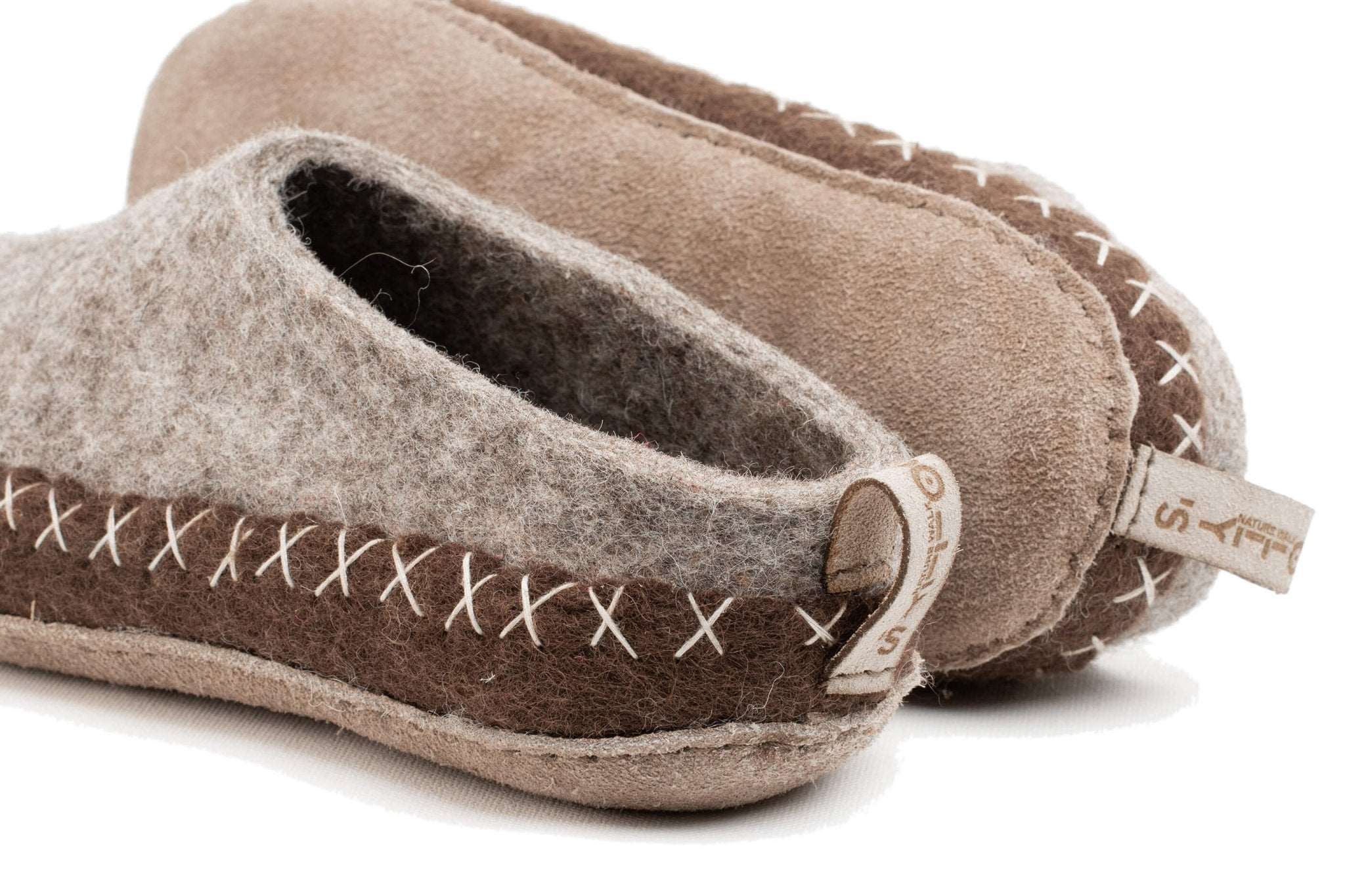 Indoor Open Heel Slipper With Leather Sole - Natural Brown & Light Brown - Woollyes