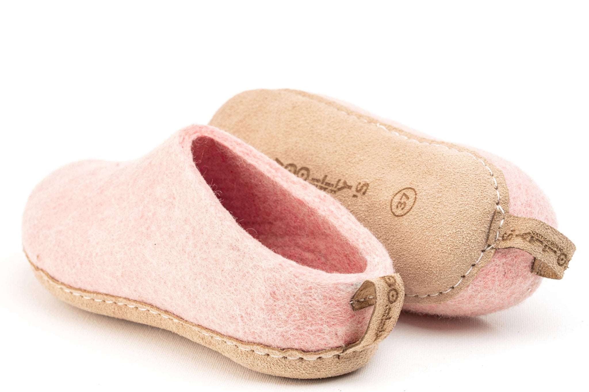 Indoor Open Heel Slippers With Leather Sole - Baby Pink - Woollyes
