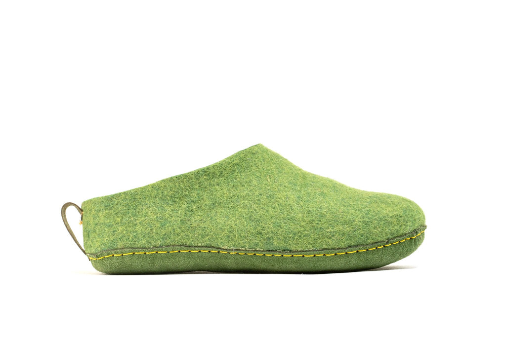 Indoor Open Heel Slippers With Leather Sole - Green - Woollyes