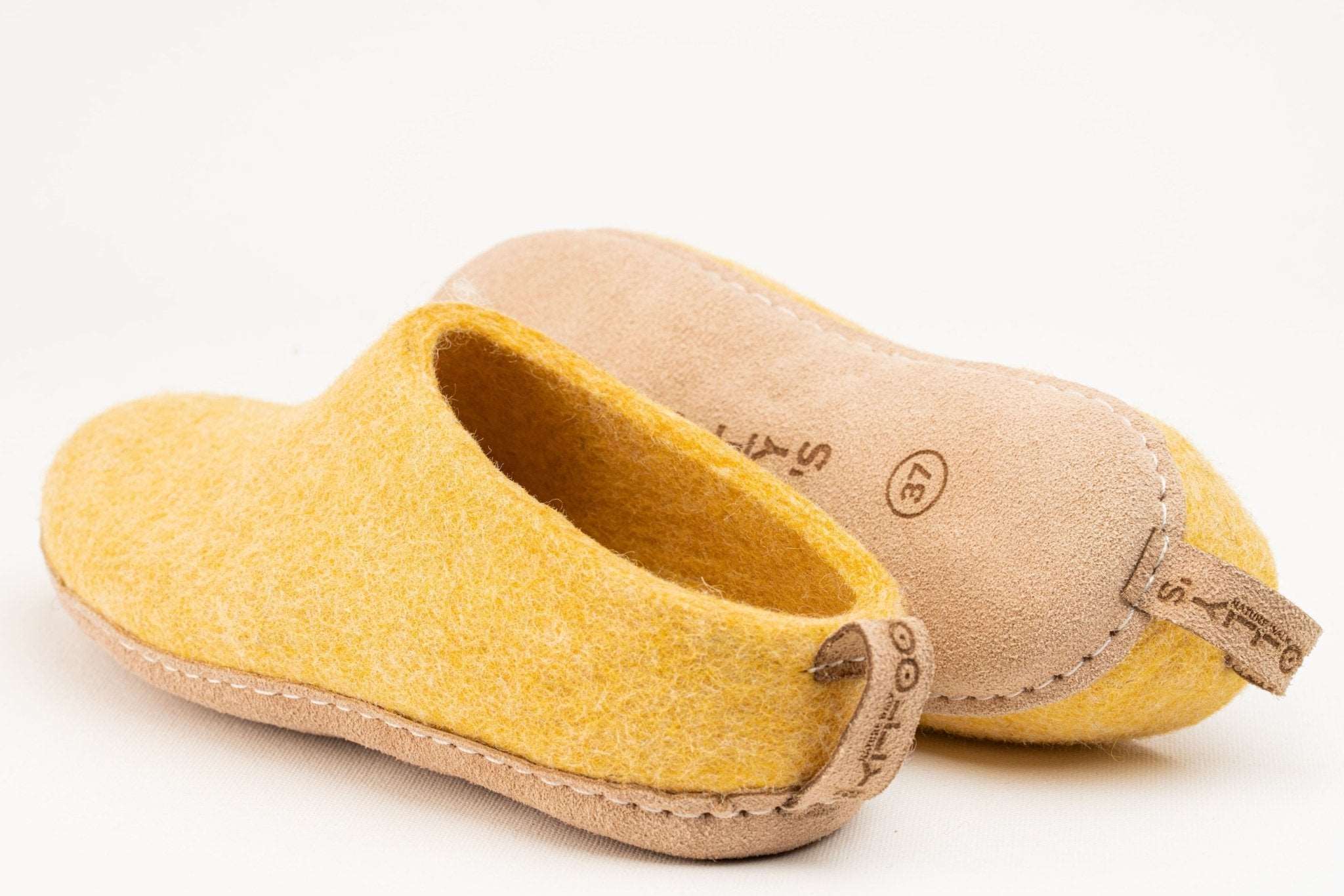 Indoor Open Heel Slippers With Leather Sole - Mustard - Woollyes