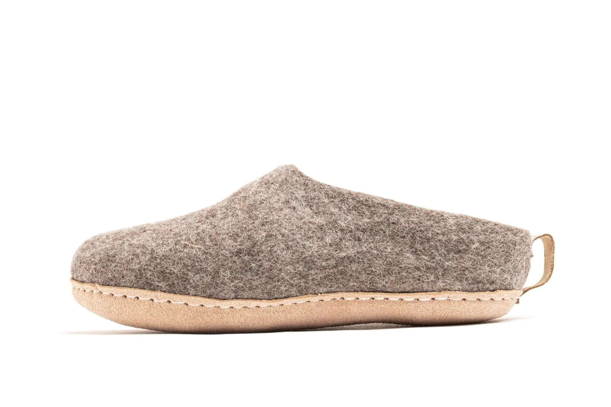 Indoor Open Heel Slippers With Leather Sole - Natural Brown - Woollyes