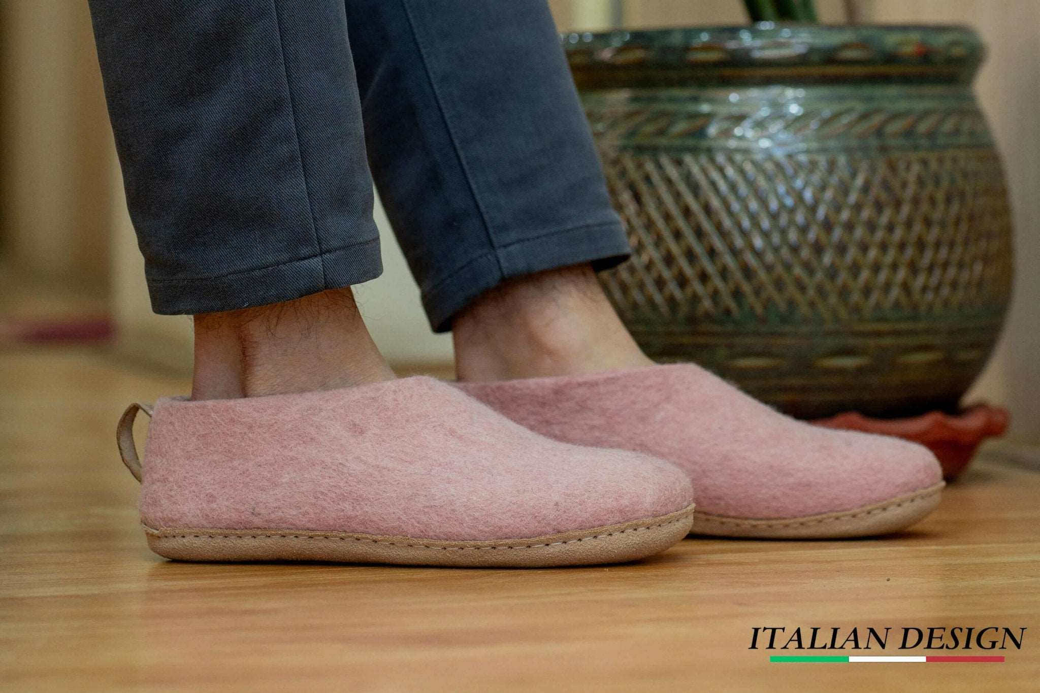 Indoor Shoes With Leather Sole - Baby Pink - Woollyes