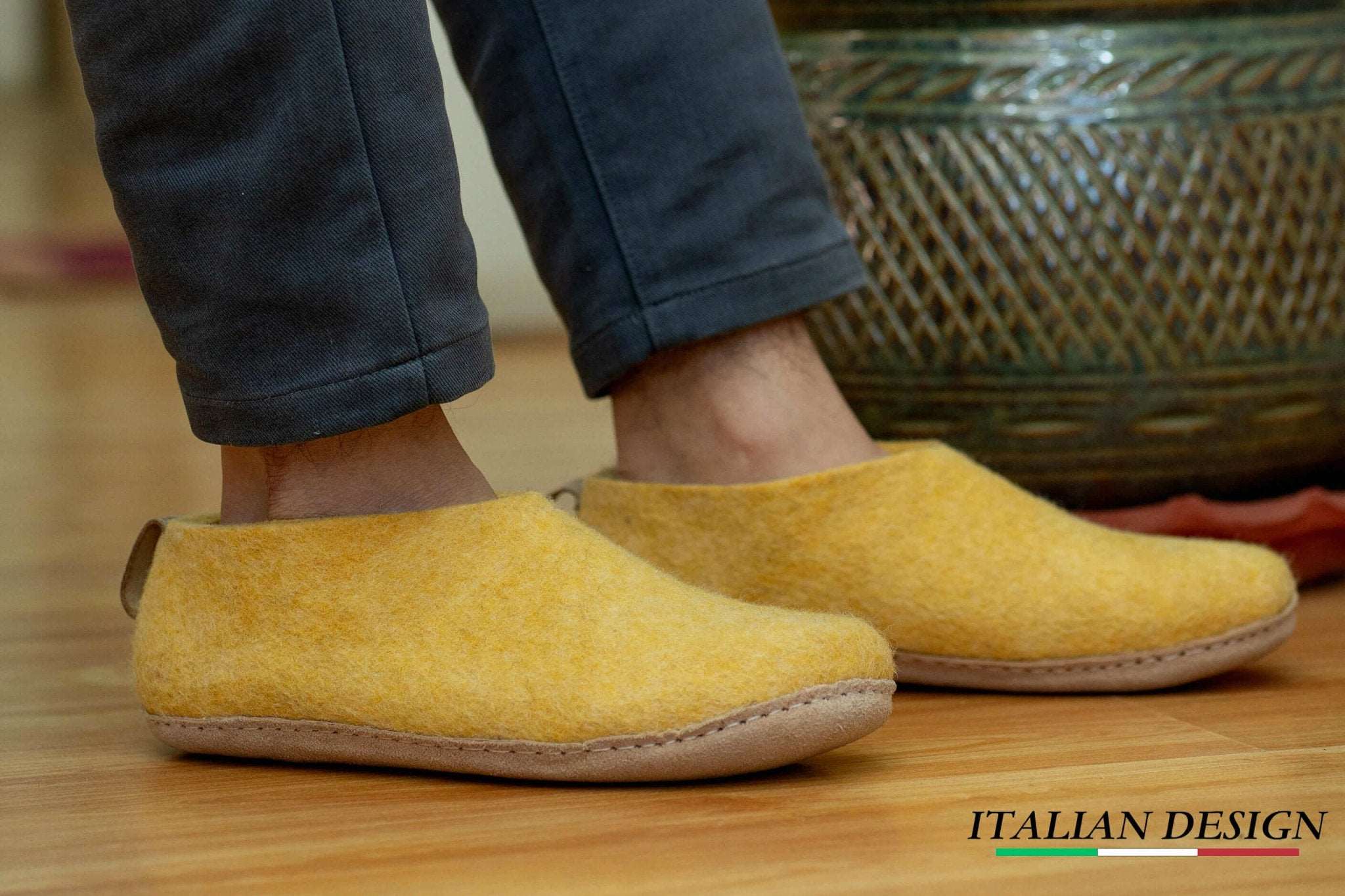 Indoor Shoes With Leather Sole - Mustard - Woollyes